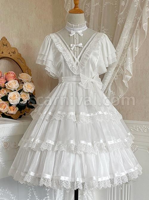 Solid-Color-Translucent-V-Neck-Design-Bow-Knot-Multi-Layer-Lace-Hem-Elegant-Classic-Lolita-Short-Sleeve-Dress-coscarnival-674