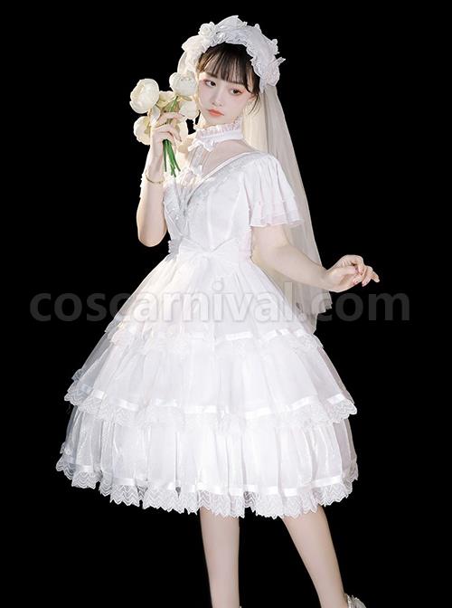 Solid-Color-Translucent-V-Neck-Design-Bow-Knot-Multi-Layer-Lace-Hem-Elegant-Classic-Lolita-Short-Sleeve-Dress-coscarnival-688