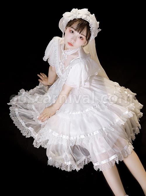 Solid-Color-Translucent-V-Neck-Design-Bow-Knot-Multi-Layer-Lace-Hem-Elegant-Classic-Lolita-Short-Sleeve-Dress-coscarnival-696