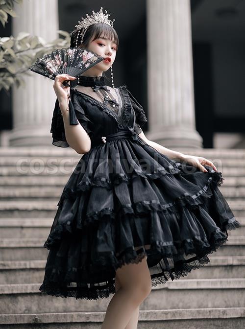 Solid-Color-Translucent-V-Neck-Design-Bow-Knot-Multi-Layer-Lace-Hem-Elegant-Classic-Lolita-Short-Sleeve-Dress-coscarnival-708