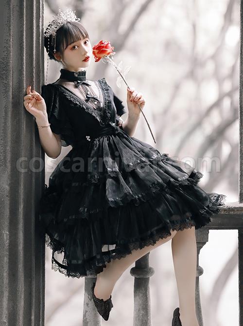 Solid-Color-Translucent-V-Neck-Design-Bow-Knot-Multi-Layer-Lace-Hem-Elegant-Classic-Lolita-Short-Sleeve-Dress-coscarnival-717