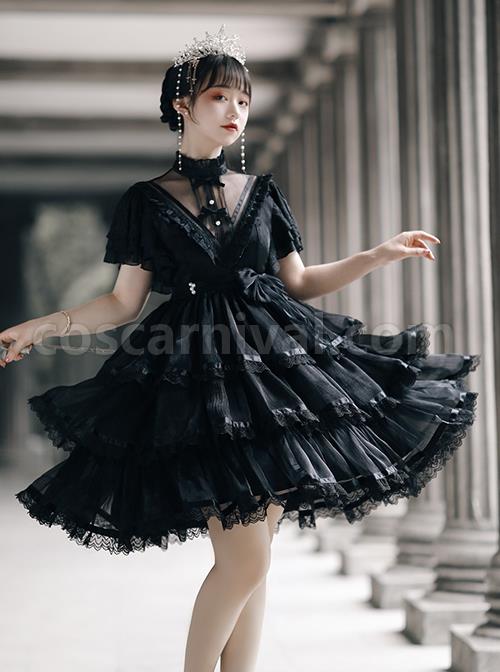 Solid-Color-Translucent-V-Neck-Design-Bow-Knot-Multi-Layer-Lace-Hem-Elegant-Classic-Lolita-Short-Sleeve-Dress-coscarnival-724