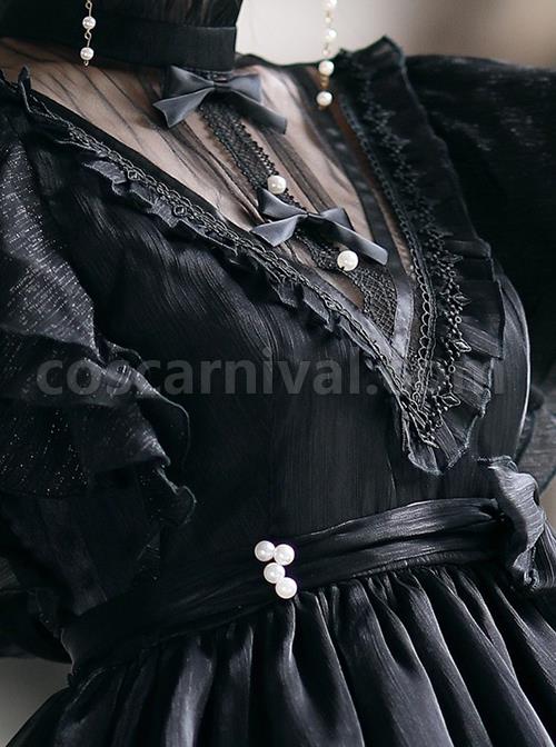 Solid-Color-Translucent-V-Neck-Design-Bow-Knot-Multi-Layer-Lace-Hem-Elegant-Classic-Lolita-Short-Sleeve-Dress-coscarnival-730