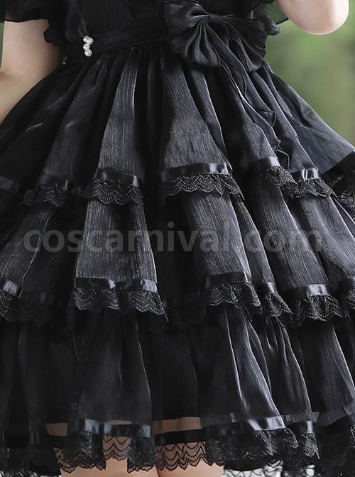 Solid-Color-Translucent-V-Neck-Design-Bow-Knot-Multi-Layer-Lace-Hem-Elegant-Classic-Lolita-Short-Sleeve-Dress-coscarnival-735