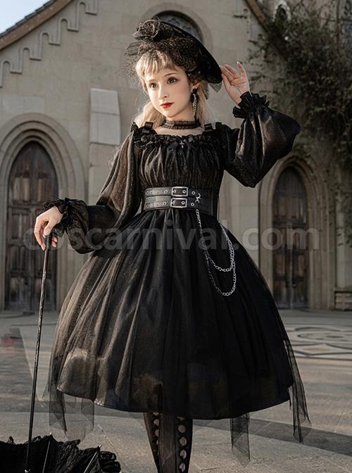 Solid Color Two-Wear Off-The-Shoulder Lantern Sleeve Metal Chain Waistband Irregular Hem Gothic Lolita Long-Sleeved Dress coscarnival