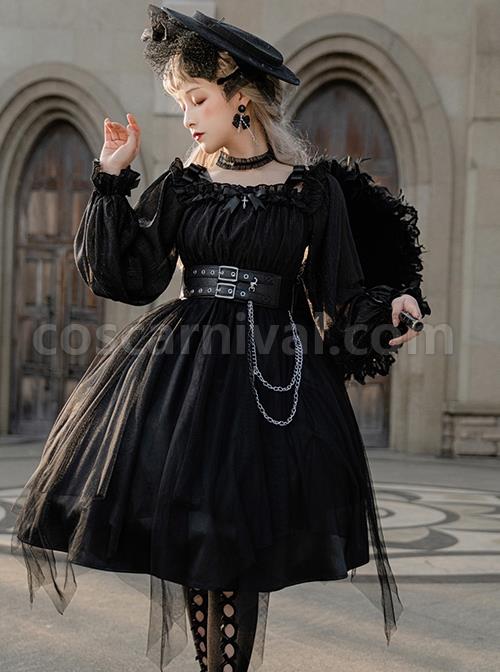 Solid Color Two-Wear Off-The-Shoulder Lantern Sleeve Metal Chain Waistband Irregular Hem Gothic Lolita Long-Sleeved Dress coscarnival