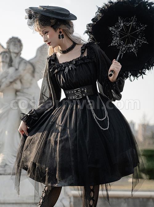 Solid Color Two-Wear Off-The-Shoulder Lantern Sleeve Metal Chain Waistband Irregular Hem Gothic Lolita Long-Sleeved Dress coscarnival