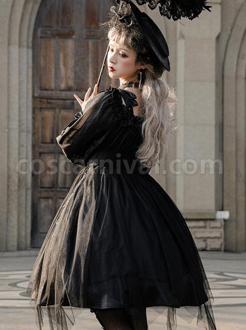 Solid Color Two-Wear Off-The-Shoulder Lantern Sleeve Metal Chain Waistband Irregular Hem Gothic Lolita Long-Sleeved Dress coscarnival