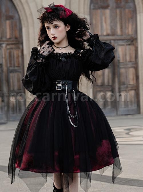 Solid Color Two-Wear Off-The-Shoulder Lantern Sleeve Metal Chain Waistband Irregular Hem Gothic Lolita Long-Sleeved Dress coscarnival