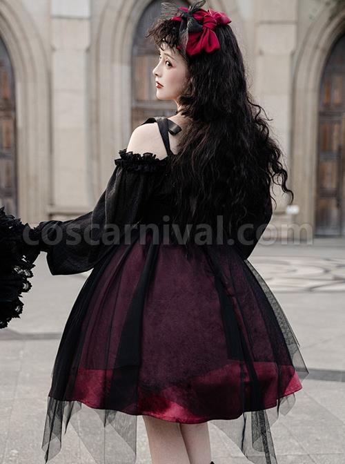 Solid Color Two-Wear Off-The-Shoulder Lantern Sleeve Metal Chain Waistband Irregular Hem Gothic Lolita Long-Sleeved Dress coscarnival