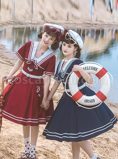 Solid-Color-Vintage-Navy-Style-Stripe-Lapel-Bow-Knot-Decorate-Short-Sleeve-Short-Coat-Lace-Up-Backless-Dress-Classic-Lolita-Sleeveless-Dress-Set-coscarnival-2139