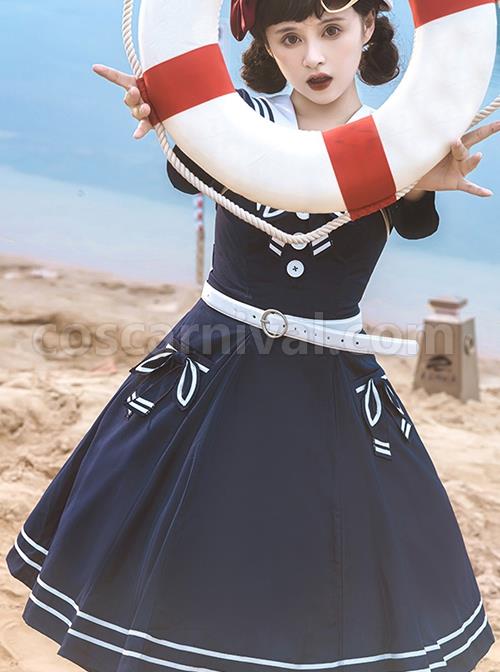 Solid-Color-Vintage-Navy-Style-Stripe-Lapel-Bow-Knot-Decorate-Short-Sleeve-Short-Coat-Lace-Up-Backless-Dress-Classic-Lolita-Sleeveless-Dress-Set-coscarnival-2159