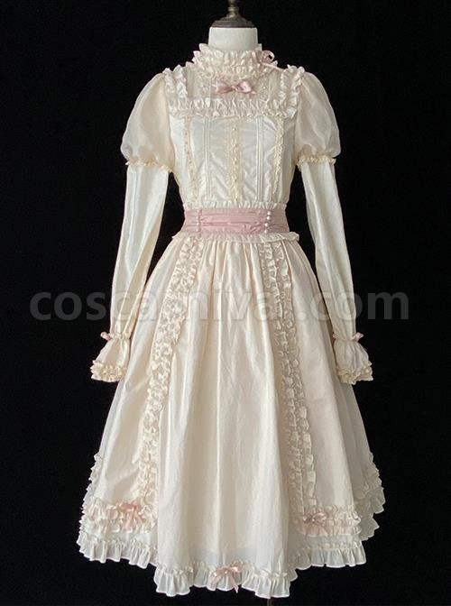 Solid-Color-Vintage-Ruffle-Stand-Collar-Puff-Sleeves-Detachable-Long-Sleeves-Pearl-Decorate-Blouses-Bow-Ruffle-Hem-Classic-Lolita-Skirt-Set-coscarnival-2134