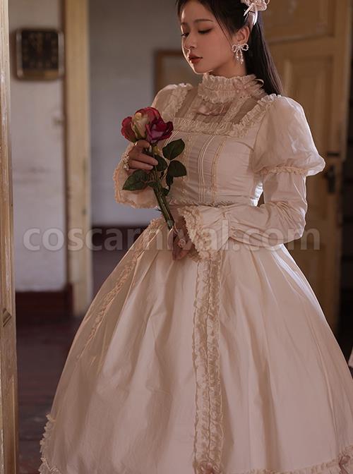 Solid-Color-Vintage-Ruffle-Stand-Collar-Puff-Sleeves-Detachable-Long-Sleeves-Pearl-Decorate-Blouses-Bow-Ruffle-Hem-Classic-Lolita-Skirt-Set-coscarnival-2136