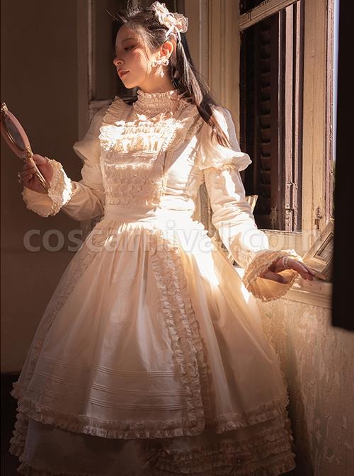 Solid-Color-Vintage-Ruffle-Stand-Collar-Puff-Sleeves-Detachable-Long-Sleeves-Pearl-Decorate-Blouses-Bow-Ruffle-Hem-Classic-Lolita-Skirt-Set-coscarnival-2143