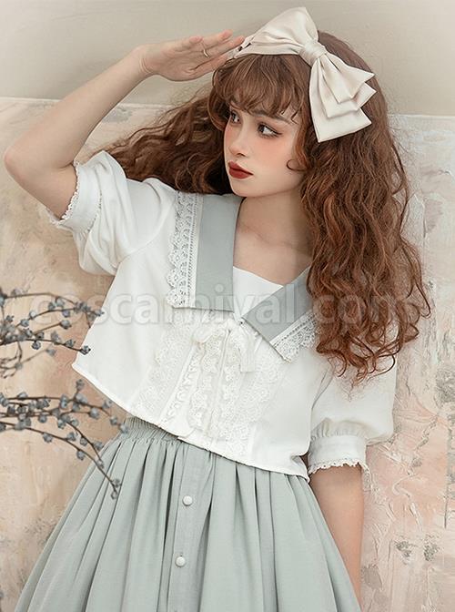 Solid Exquisite Lace Jacquard Embroidery Design V-Neck Bow Knot Lantern Sleeve Classic Lolita White Blouse coscarnival