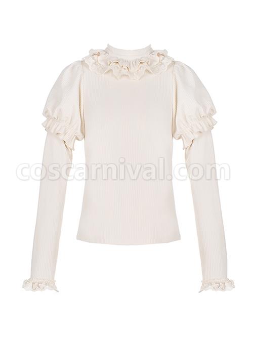 Souffle Series Lace Ruffled Small High Neck Puff Sleeves Stitching Straight Sleeves High Elastic All-Match Sweet Lolita Top coscarnival