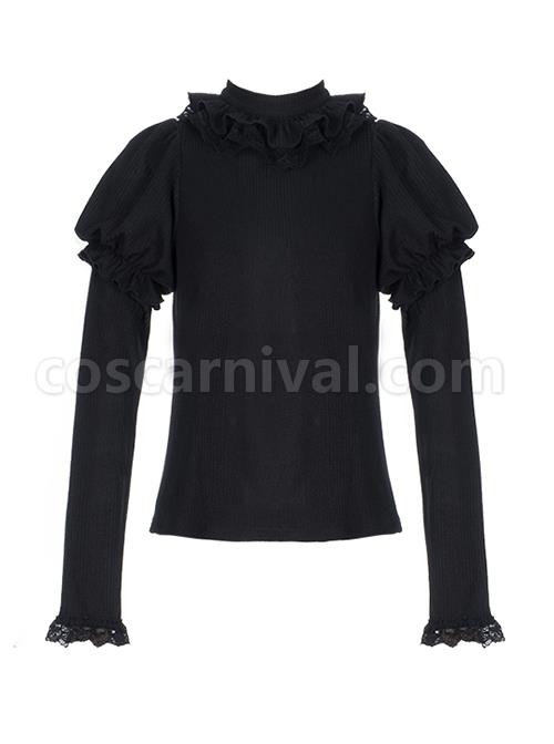 Souffle Series Lace Ruffled Small High Neck Puff Sleeves Stitching Straight Sleeves High Elastic All-Match Sweet Lolita Top coscarnival