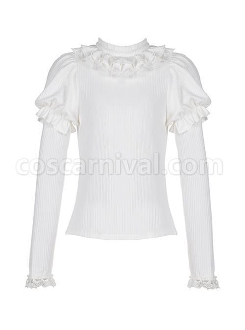 Souffle Series Lace Ruffled Small High Neck Puff Sleeves Stitching Straight Sleeves High Elastic All-Match Sweet Lolita Top coscarnival