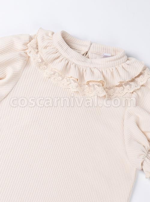 Souffle Series Lace Ruffled Small High Neck Puff Sleeves Stitching Straight Sleeves High Elastic All-Match Sweet Lolita Top coscarnival