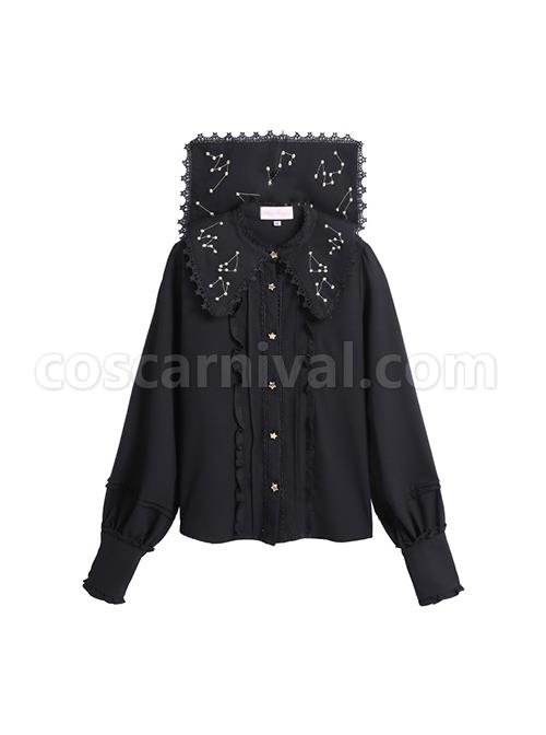 Spring Autumn Gold Thread Constellation Embroidery Lace Lapel Exquisite Star Buttons Simple JK Uniform Classic Lolita Long-Sleeved Shirt