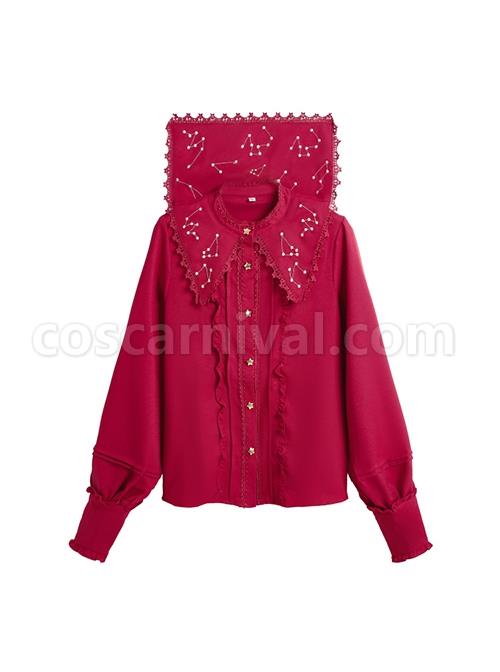 Spring Autumn Gold Thread Constellation Embroidery Lace Lapel Exquisite Star Buttons Simple JK Uniform Classic Lolita Long-Sleeved Shirt coscarnival