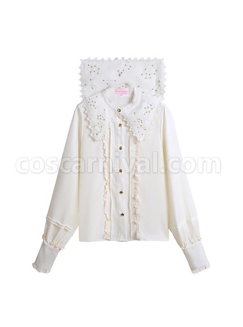 Spring Autumn Gold Thread Constellation Embroidery Lace Lapel Exquisite Star Buttons Simple JK Uniform Classic Lolita Long-Sleeved Shirt coscarnival