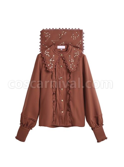 Spring Autumn Gold Thread Constellation Embroidery Lace Lapel Exquisite Star Buttons Simple JK Uniform Classic Lolita Long-Sleeved Shirt coscarnival