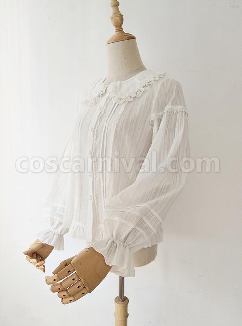 Spring Summer Pure Color Lace Doll Collar Ruffled All-Match Classic Lolita Long-Sleeved Shirt coscarnival