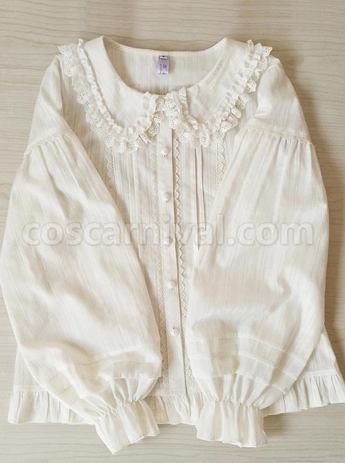 Spring Summer Pure Color Lace Doll Collar Ruffled All-Match Classic Lolita Long-Sleeved Shirt coscarnival