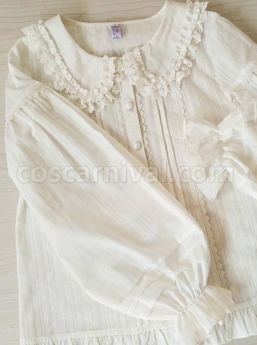 Spring Summer Pure Color Lace Doll Collar Ruffled All-Match Classic Lolita Long-Sleeved Shirt coscarnival
