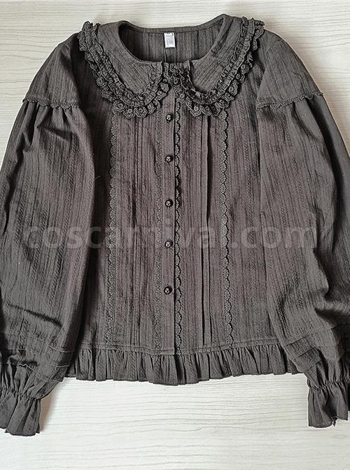 Spring Summer Pure Color Lace Doll Collar Ruffled All-Match Classic Lolita Long-Sleeved Shirt coscarnival