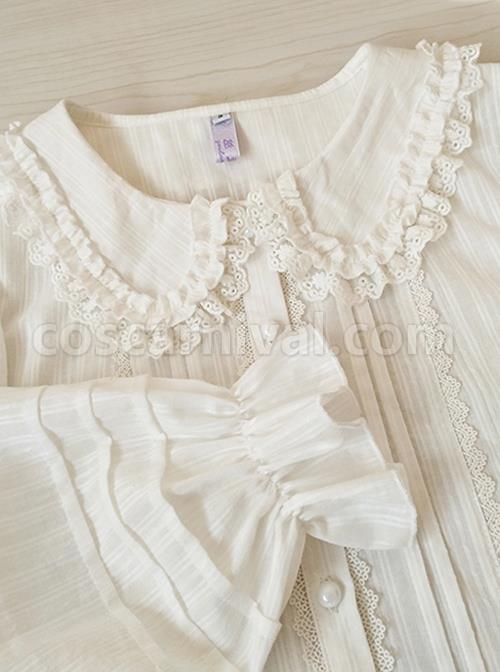 Spring Summer Pure Color Lace Doll Collar Ruffled All-Match Classic Lolita Long-Sleeved Shirt coscarnival