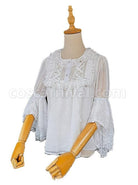 Spring Translucent Stitching Lace Trumpet Sleeve Lacing Chiffon Loose Classic Lolita Mid-Sleeve Shirt coscarnival