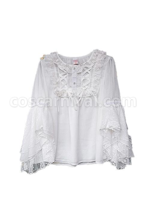 Spring Translucent Stitching Lace Trumpet Sleeve Lacing Chiffon Loose Classic Lolita Mid-Sleeve Shirt coscarnival