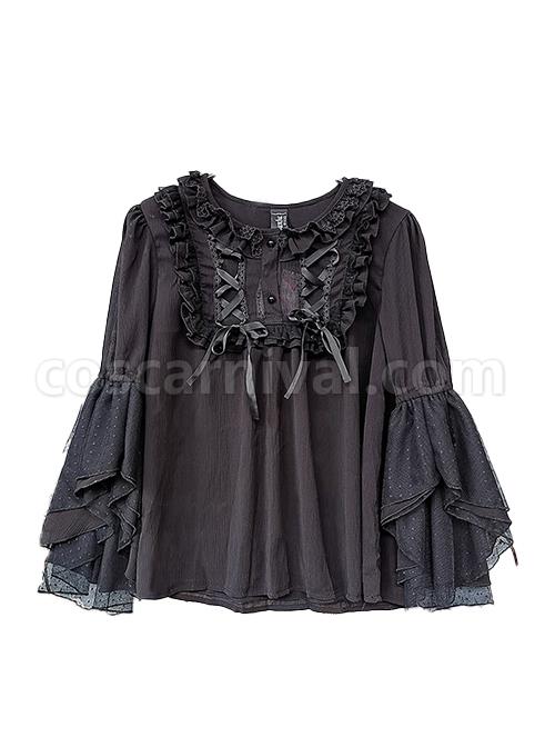 Spring Translucent Stitching Lace Trumpet Sleeve Lacing Chiffon Loose Classic Lolita Mid-Sleeve Shirt coscarnival