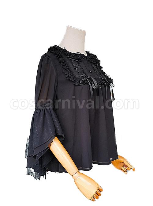 Spring Translucent Stitching Lace Trumpet Sleeve Lacing Chiffon Loose Classic Lolita Mid-Sleeve Shirt coscarnival