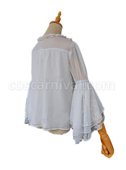 Spring Translucent Stitching Lace Trumpet Sleeve Lacing Chiffon Loose Classic Lolita Mid-Sleeve Shirt coscarnival