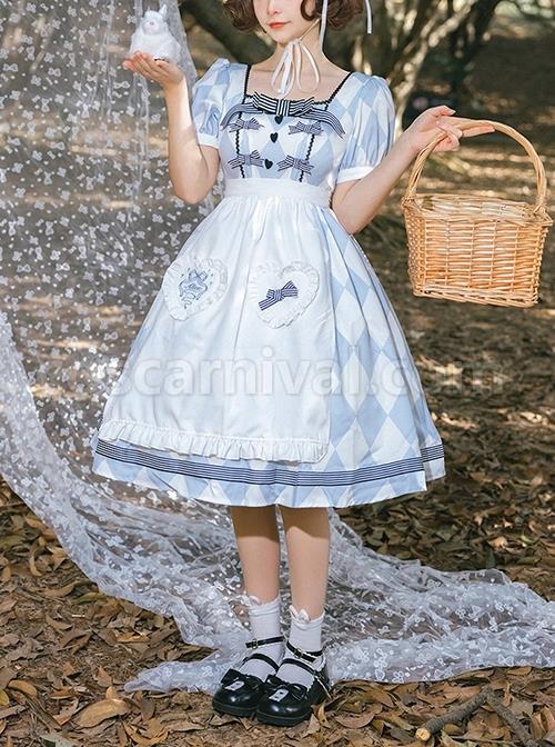 Square-Neck-Striped-Bow-Puff-Sleeves-Check-Print-Heart-Embellished-Bib-Classic-Lolita-Short-Sleeve-Dress-coscarnival-2082