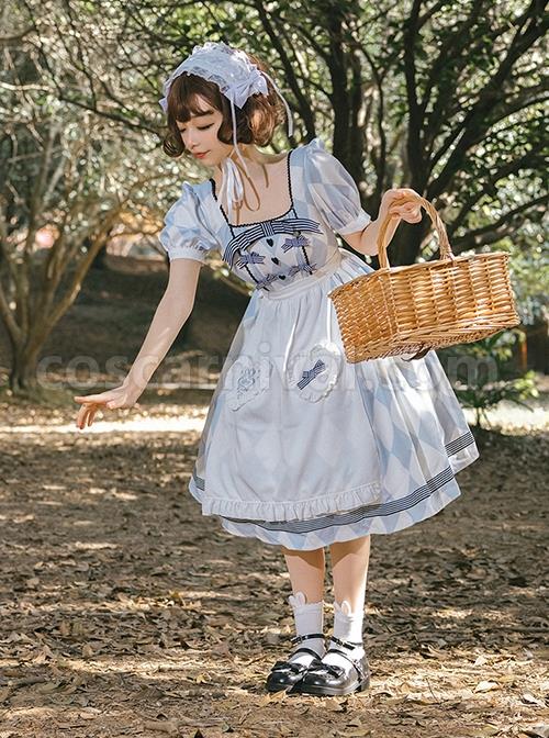 Square-Neck-Striped-Bow-Puff-Sleeves-Check-Print-Heart-Embellished-Bib-Classic-Lolita-Short-Sleeve-Dress-coscarnival-2090