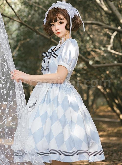 Square-Neck-Striped-Bow-Puff-Sleeves-Check-Print-Heart-Embellished-Bib-Classic-Lolita-Short-Sleeve-Dress-coscarnival-2101
