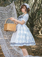 Square-Neck-Striped-Bow-Puff-Sleeves-Check-Print-Heart-Embellished-Bib-Classic-Lolita-Short-Sleeve-Dress-coscarnival-2109