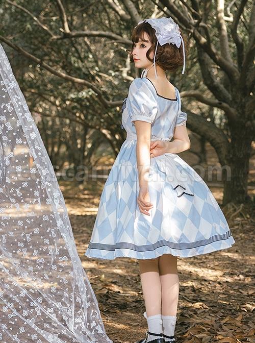Square-Neck-Striped-Bow-Puff-Sleeves-Check-Print-Heart-Embellished-Bib-Classic-Lolita-Short-Sleeve-Dress-coscarnival-2116