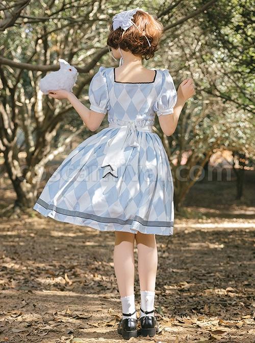 Square-Neck-Striped-Bow-Puff-Sleeves-Check-Print-Heart-Embellished-Bib-Classic-Lolita-Short-Sleeve-Dress-coscarnival-2122