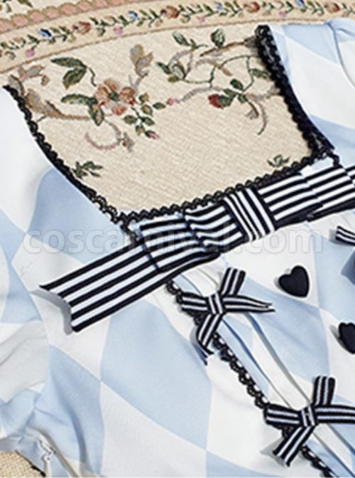 Square-Neck-Striped-Bow-Puff-Sleeves-Check-Print-Heart-Embellished-Bib-Classic-Lolita-Short-Sleeve-Dress-coscarnival-2126