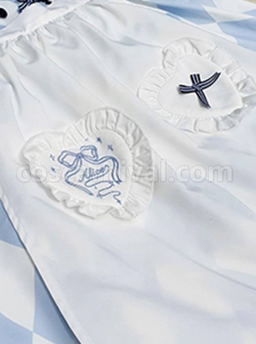 Square-Neck-Striped-Bow-Puff-Sleeves-Check-Print-Heart-Embellished-Bib-Classic-Lolita-Short-Sleeve-Dress-coscarnival-2133