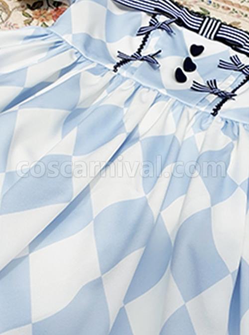 Square-Neck-Striped-Bow-Puff-Sleeves-Check-Print-Heart-Embellished-Bib-Classic-Lolita-Short-Sleeve-Dress-coscarnival-2138