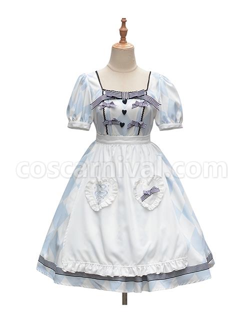 Square-Neck-Striped-Bow-Puff-Sleeves-Check-Print-Heart-Embellished-Bib-Classic-Lolita-Short-Sleeve-Dress-coscarnival-2141