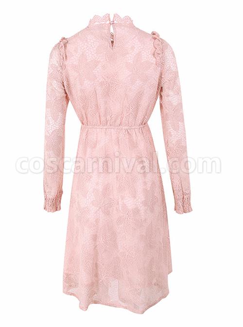 Stand-Collar-High-Waist-Lace-Long-Sleeve-A-line-Dress-coscarnival-4933