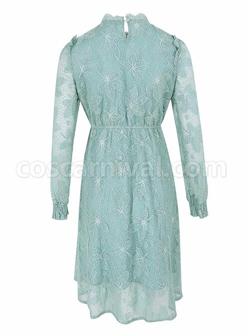 Stand-Collar-High-Waist-Lace-Long-Sleeve-A-line-Dress-coscarnival-4938